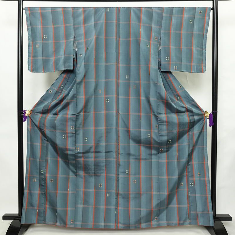 紬 アンサンブル 良品 しつけ糸付き セット品 正絹 チェック・格子柄 袷仕立て 身丈165cm 裄丈66cm リサイクル着物 着物 青・紺_画像2