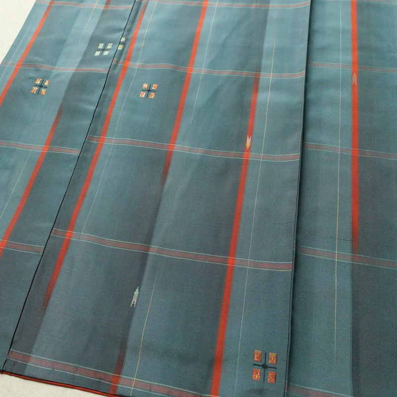 紬 アンサンブル 良品 しつけ糸付き セット品 正絹 チェック・格子柄 袷仕立て 身丈165cm 裄丈66cm リサイクル着物 着物 青・紺_画像5