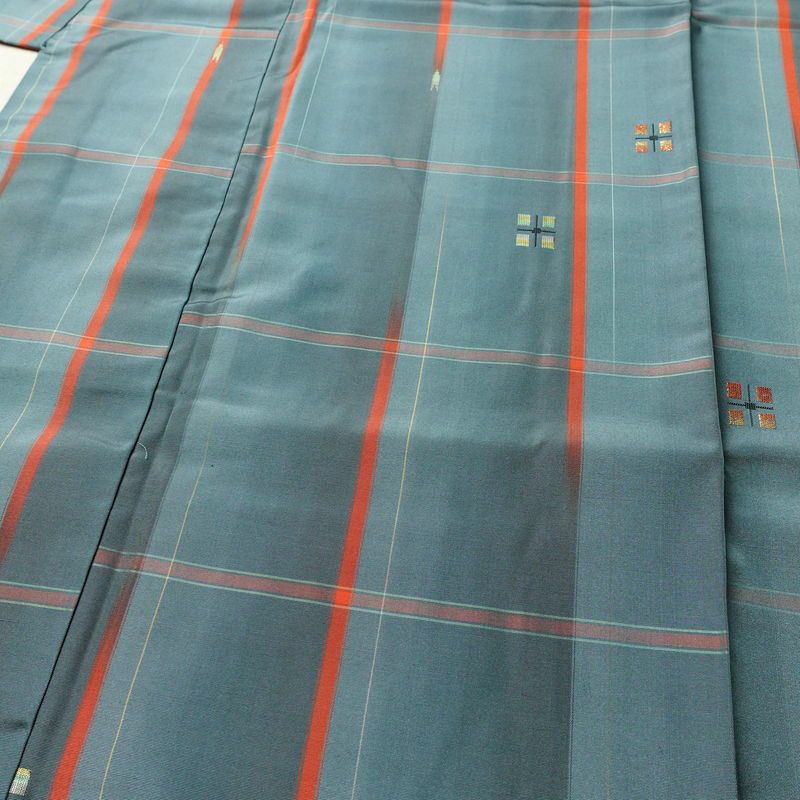 紬 アンサンブル 良品 しつけ糸付き セット品 正絹 チェック・格子柄 袷仕立て 身丈165cm 裄丈66cm リサイクル着物 着物 青・紺_画像6