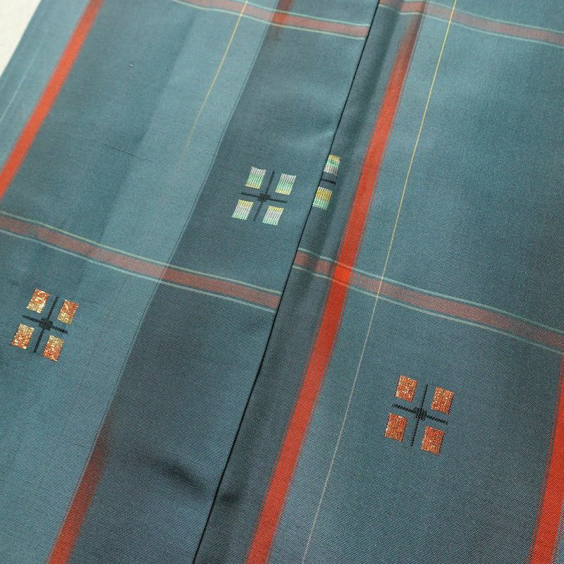 紬 アンサンブル 良品 しつけ糸付き セット品 正絹 チェック・格子柄 袷仕立て 身丈165cm 裄丈66cm リサイクル着物 着物 青・紺_画像7