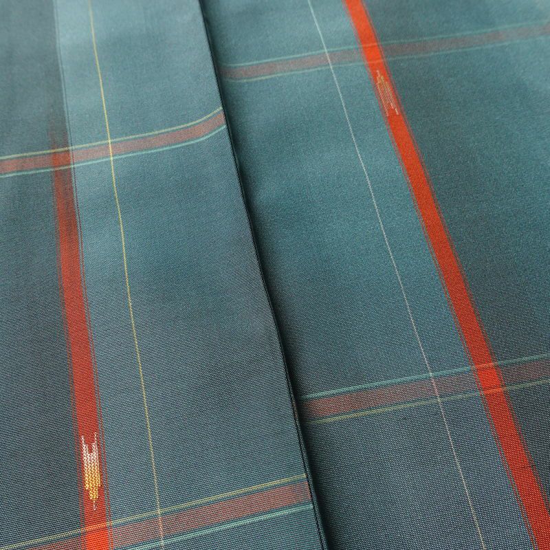 紬 アンサンブル 良品 しつけ糸付き セット品 正絹 チェック・格子柄 袷仕立て 身丈165cm 裄丈66cm リサイクル着物 着物 青・紺_画像9