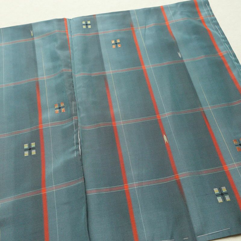 紬 アンサンブル 良品 しつけ糸付き セット品 正絹 チェック・格子柄 袷仕立て 身丈165cm 裄丈66cm リサイクル着物 着物 青・紺_画像11