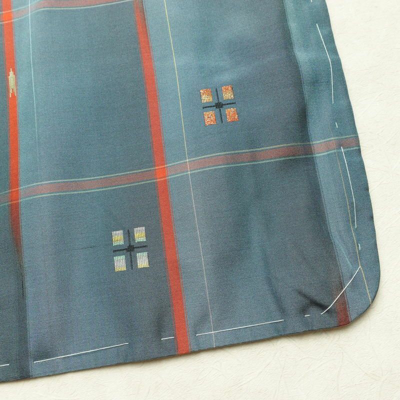 紬 アンサンブル 良品 しつけ糸付き セット品 正絹 チェック・格子柄 袷仕立て 身丈165cm 裄丈66cm リサイクル着物 着物 青・紺_画像13