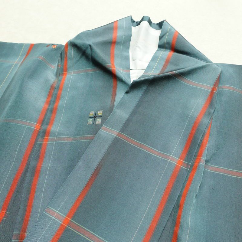 紬 アンサンブル 良品 しつけ糸付き セット品 正絹 チェック・格子柄 袷仕立て 身丈165cm 裄丈66cm リサイクル着物 着物 青・紺_画像14