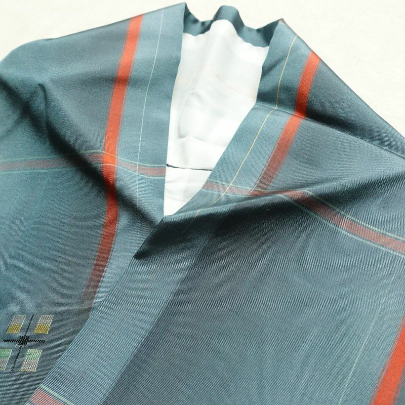 紬 アンサンブル 良品 しつけ糸付き セット品 正絹 チェック・格子柄 袷仕立て 身丈165cm 裄丈66cm リサイクル着物 着物 青・紺_画像15