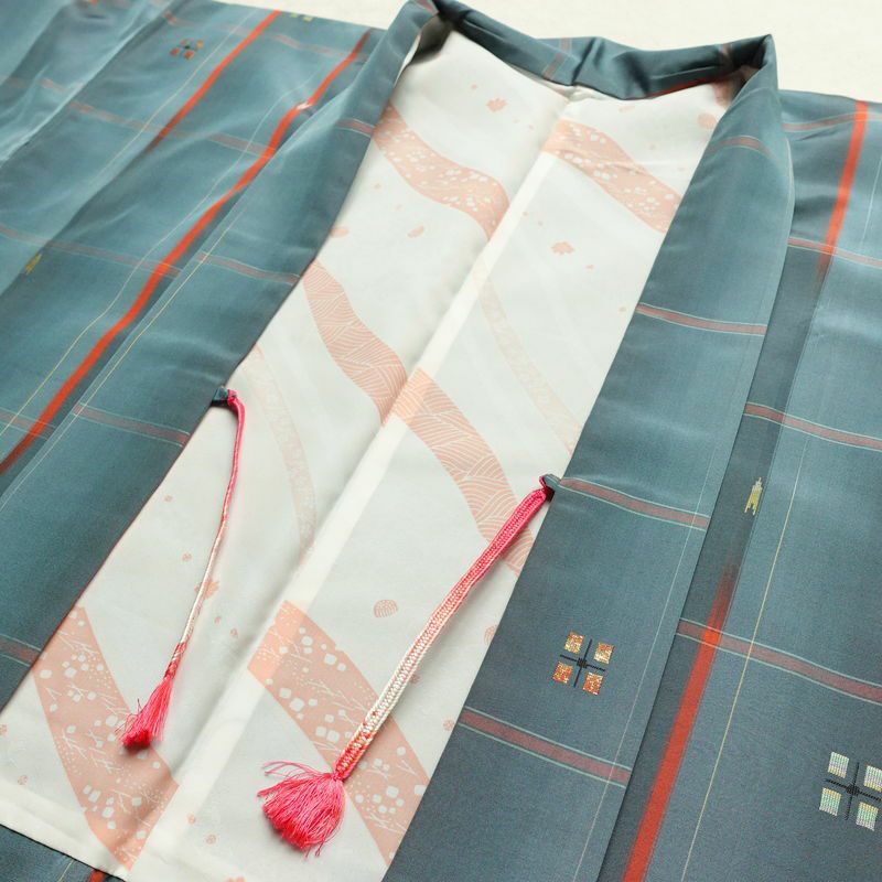 紬 アンサンブル 良品 しつけ糸付き セット品 正絹 チェック・格子柄 袷仕立て 身丈165cm 裄丈66cm リサイクル着物 着物 青・紺_画像18