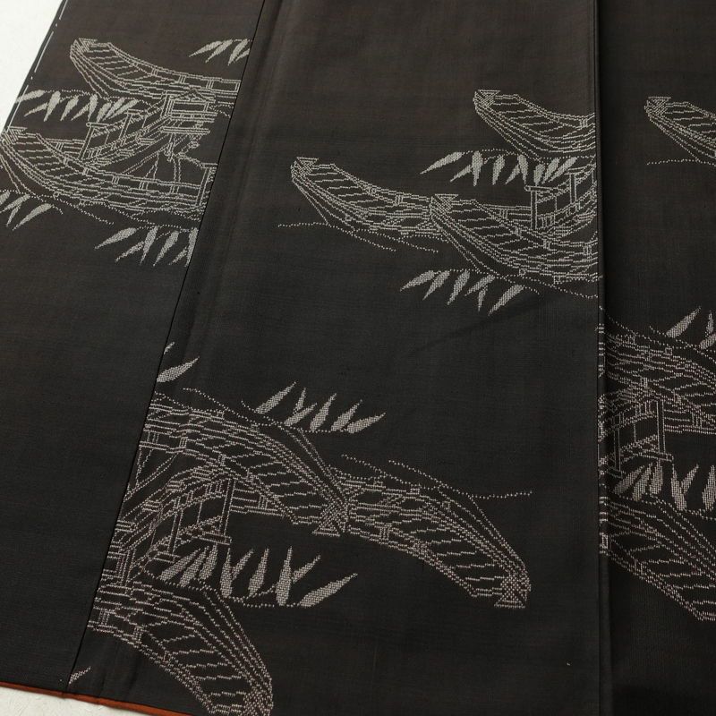 紬 しつけ糸付き 正絹 風景柄 袷仕立て 身丈154.5cm 裄丈62cm リサイクル着物 着物 モダン 茶_画像4