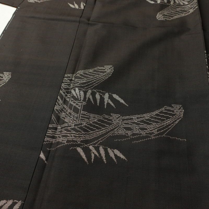 紬 しつけ糸付き 正絹 風景柄 袷仕立て 身丈154.5cm 裄丈62cm リサイクル着物 着物 モダン 茶_画像5