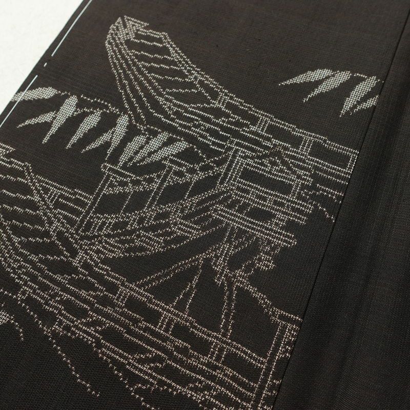 紬 しつけ糸付き 正絹 風景柄 袷仕立て 身丈154.5cm 裄丈62cm リサイクル着物 着物 モダン 茶_画像11