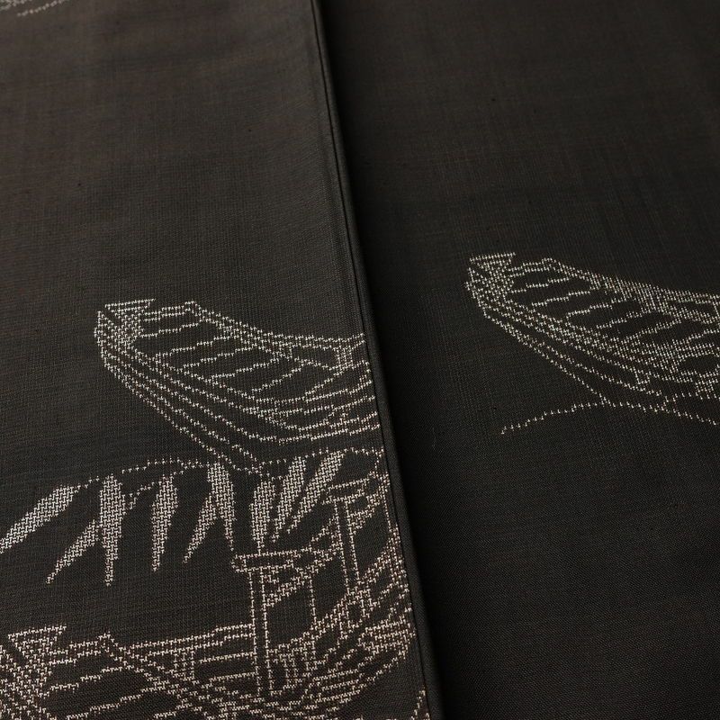 紬 しつけ糸付き 正絹 風景柄 袷仕立て 身丈154.5cm 裄丈62cm リサイクル着物 着物 モダン 茶_画像12