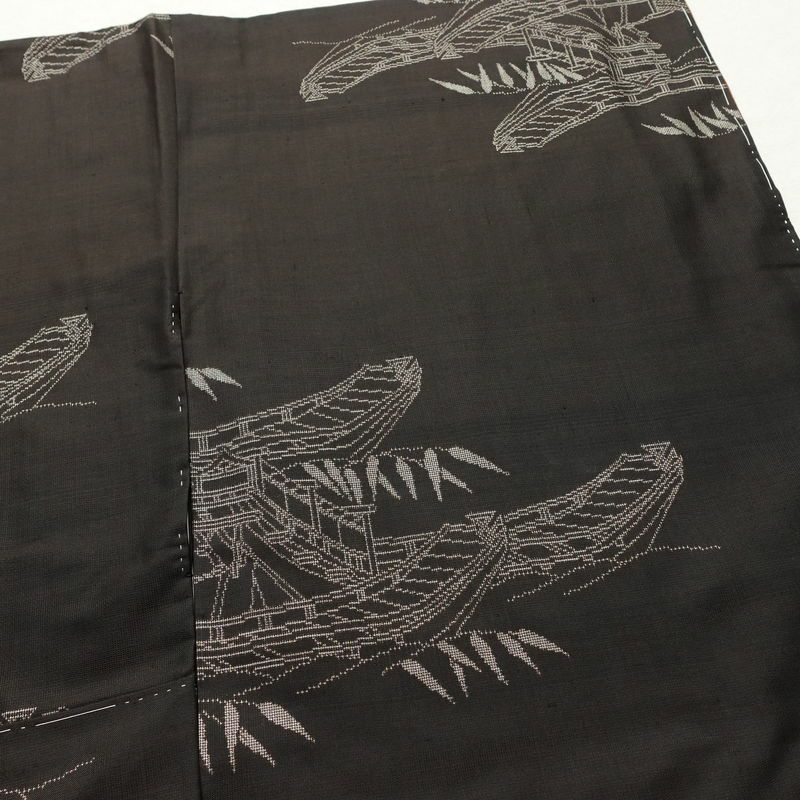 紬 しつけ糸付き 正絹 風景柄 袷仕立て 身丈154.5cm 裄丈62cm リサイクル着物 着物 モダン 茶_画像14