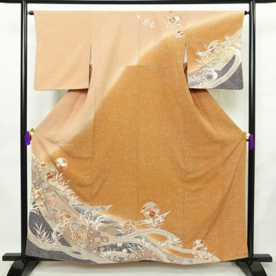 訪問着 良品 縮緬 一つ紋付き 正絹 古典柄 袷仕立て 身丈159cm 裄丈64cm リサイクル着物 着物 箔 金彩 入学式 卒業式 七五三 お宮参り フォーマル 菊 萩 茶