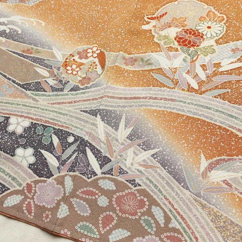 訪問着 良品 縮緬 一つ紋付き 正絹 古典柄 袷仕立て 身丈159cm 裄丈64cm リサイクル着物 着物 箔 金彩 入学式 卒業式 七五三 お宮参り フォーマル 菊 萩 茶_画像12