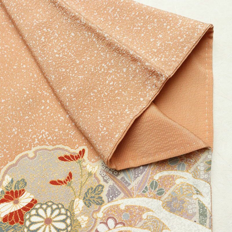 訪問着 良品 縮緬 一つ紋付き 正絹 古典柄 袷仕立て 身丈159cm 裄丈64cm リサイクル着物 着物 箔 金彩 入学式 卒業式 七五三 お宮参り フォーマル 菊 萩 茶_画像16