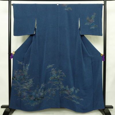 付け下げ 縮緬 一つ紋付き 正絹 古典柄 袷仕立て 身丈159cm 裄丈66cm リサイクル着物 着物 卒業式 パーティー フォーマル 青・紺