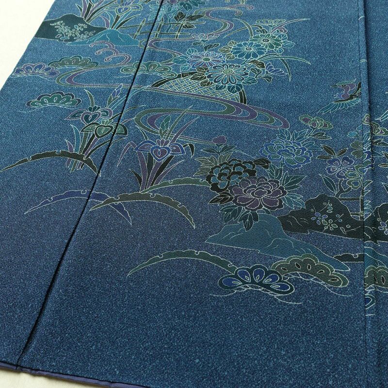 付け下げ 縮緬 一つ紋付き 正絹 古典柄 袷仕立て 身丈159cm 裄丈66cm リサイクル着物 着物 卒業式 パーティー フォーマル 青・紺_画像4