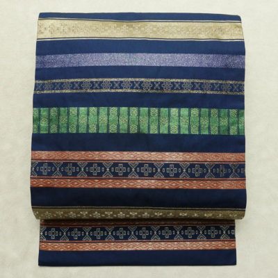 名古屋帯 六通柄 正絹 縞柄・線柄 名古屋仕立て なごや帯 リサイクル帯 帯 箔 青・紺