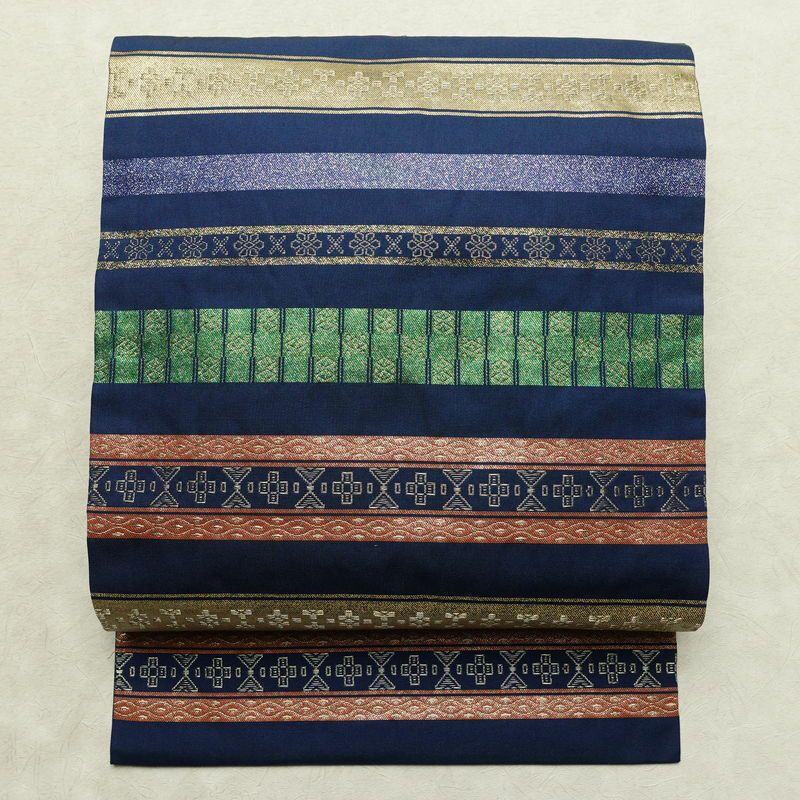 名古屋帯 六通柄 正絹 縞柄・線柄 名古屋仕立て なごや帯 リサイクル帯 帯 箔 青・紺_画像1