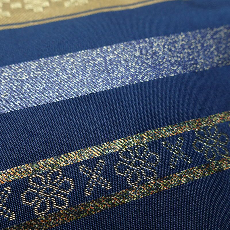 名古屋帯 六通柄 正絹 縞柄・線柄 名古屋仕立て なごや帯 リサイクル帯 帯 箔 青・紺_画像5