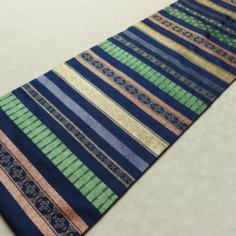 名古屋帯 六通柄 正絹 縞柄・線柄 名古屋仕立て なごや帯 リサイクル帯 帯 箔 青・紺_画像8