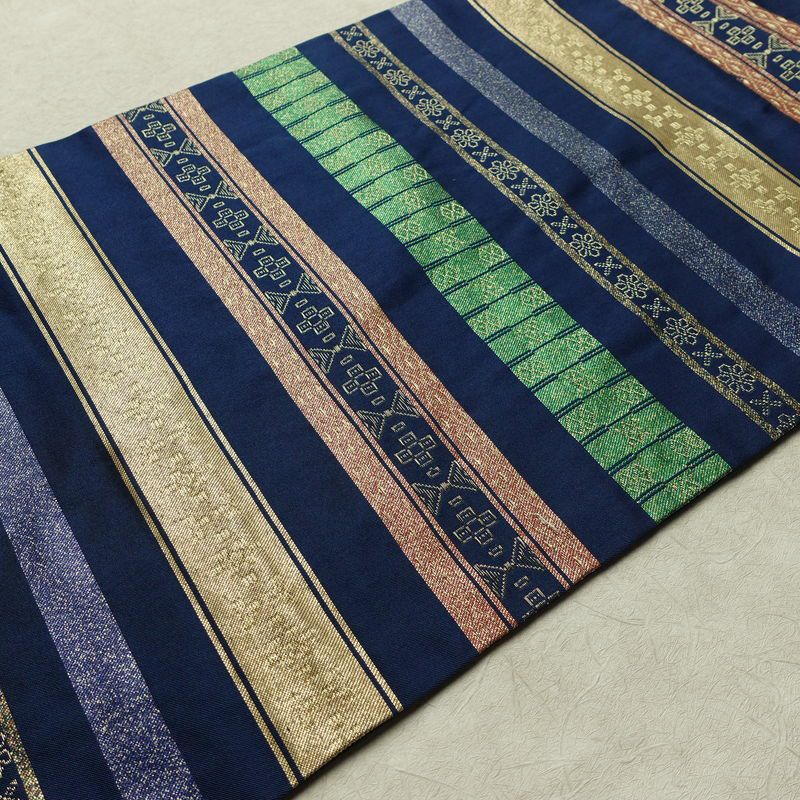 名古屋帯 六通柄 正絹 縞柄・線柄 名古屋仕立て なごや帯 リサイクル帯 帯 箔 青・紺_画像11