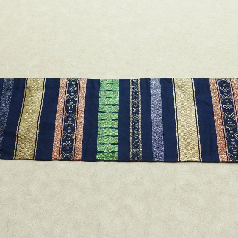 名古屋帯 六通柄 正絹 縞柄・線柄 名古屋仕立て なごや帯 リサイクル帯 帯 箔 青・紺_画像13