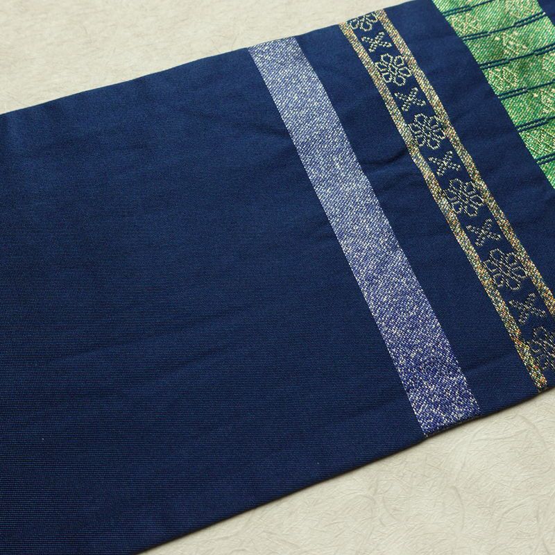 名古屋帯 六通柄 正絹 縞柄・線柄 名古屋仕立て なごや帯 リサイクル帯 帯 箔 青・紺_画像15