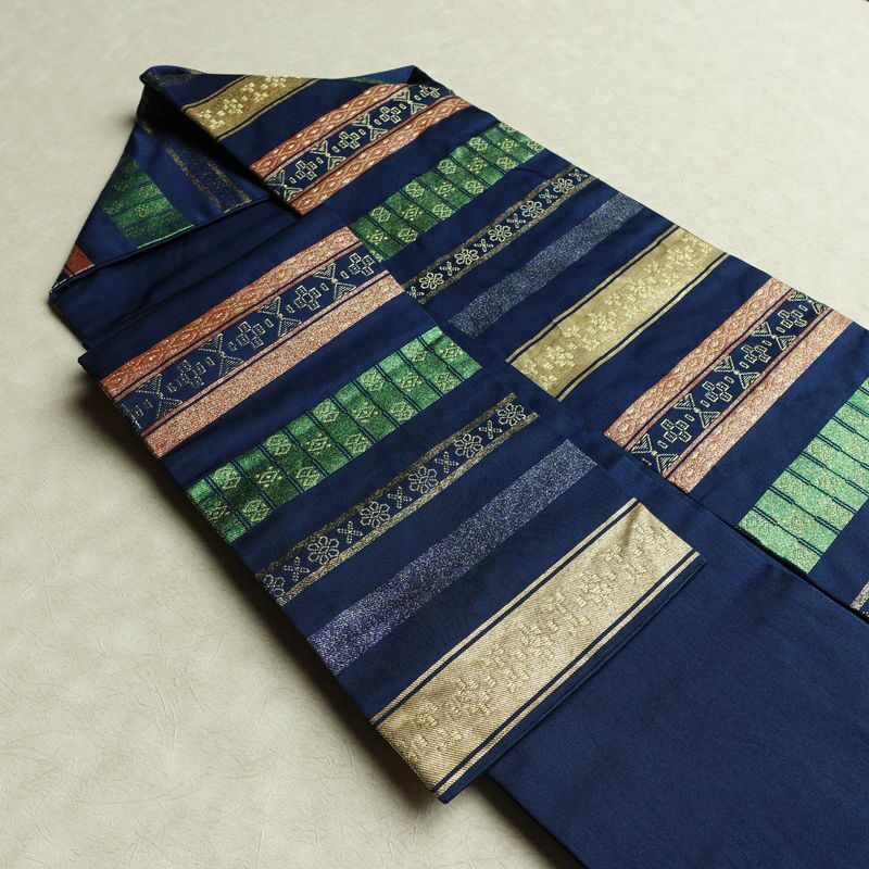 名古屋帯 六通柄 正絹 縞柄・線柄 名古屋仕立て なごや帯 リサイクル帯 帯 箔 青・紺_画像21