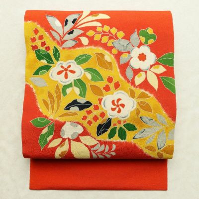 名古屋帯 太鼓柄 縮緬 正絹 花柄 名古屋仕立て なごや帯 リサイクル帯 帯 赤・朱