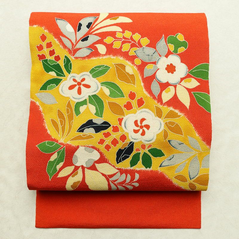 名古屋帯 太鼓柄 縮緬 正絹 花柄 名古屋仕立て なごや帯 リサイクル帯 帯 赤・朱_画像1