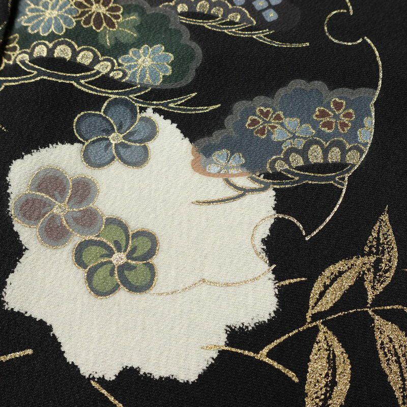 付け下げ 一つ紋付き 正絹 木の葉・植物柄 袷仕立て 身丈166cm 裄丈68.5cm リサイクル着物 着物 箔 金彩 卒業式 フォーマル シンプル 黒_画像7
