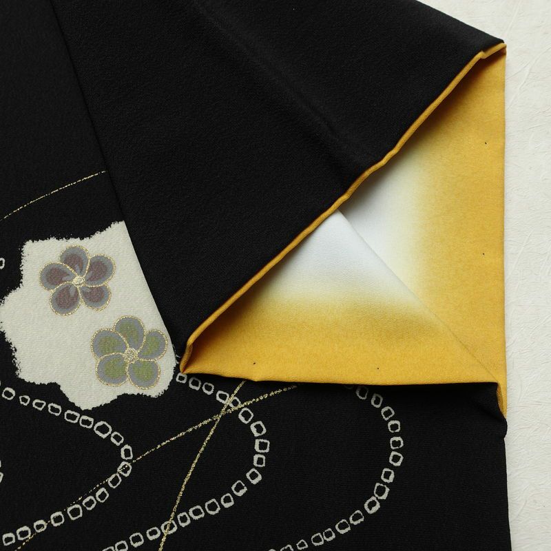 付け下げ 一つ紋付き 正絹 木の葉・植物柄 袷仕立て 身丈166cm 裄丈68.5cm リサイクル着物 着物 箔 金彩 卒業式 フォーマル シンプル 黒_画像15