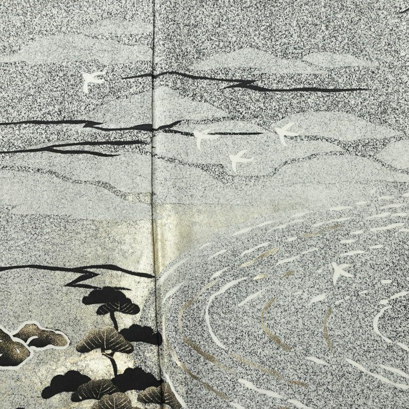 訪問着 美品 落款入り 正絹 風景柄 袷仕立て 身丈159cm 裄丈67cm リサイクル着物 着物 箔 共八掛 銀彩 卒業式 フォーマル グレー_画像6