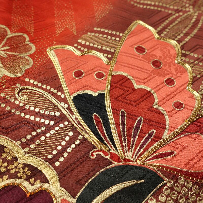 振袖 良品 金駒刺繍 正絹 花柄 袷仕立て 身丈161cm 裄丈66cm リサイクル着物 着物 箔 金彩 成人式 二十歳 二十歳の集い パーティー 萩 フォーマル 赤・朱_画像8