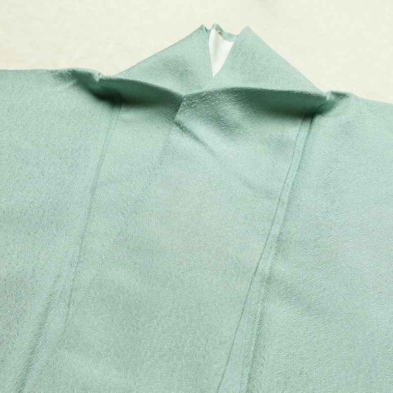 色無地 一つ紋付き 寿光織 伝統工芸茶染 正絹 花柄 袷仕立て 身丈163.5cm 裄丈68cm リサイクル着物 着物 お茶会 フォーマル 緑・うぐいす色_画像17