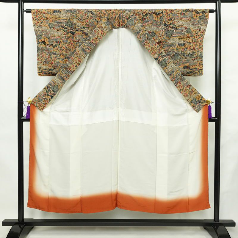 小紋 縮緬 総柄 正絹 風景柄 袷仕立て 身丈149cm 裄丈62.5cm リサイクル着物 着物 黄・黄土色_画像3