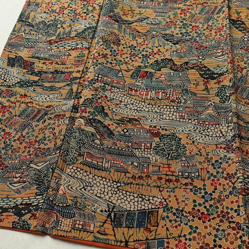 小紋 縮緬 総柄 正絹 風景柄 袷仕立て 身丈149cm 裄丈62.5cm リサイクル着物 着物 黄・黄土色_画像4