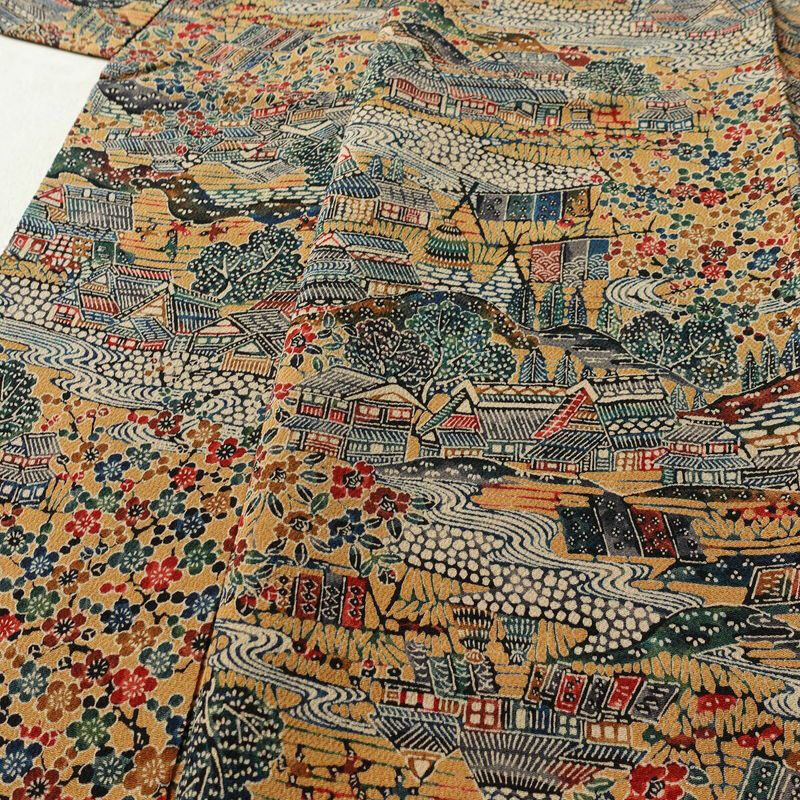 小紋 縮緬 総柄 正絹 風景柄 袷仕立て 身丈149cm 裄丈62.5cm リサイクル着物 着物 黄・黄土色_画像5
