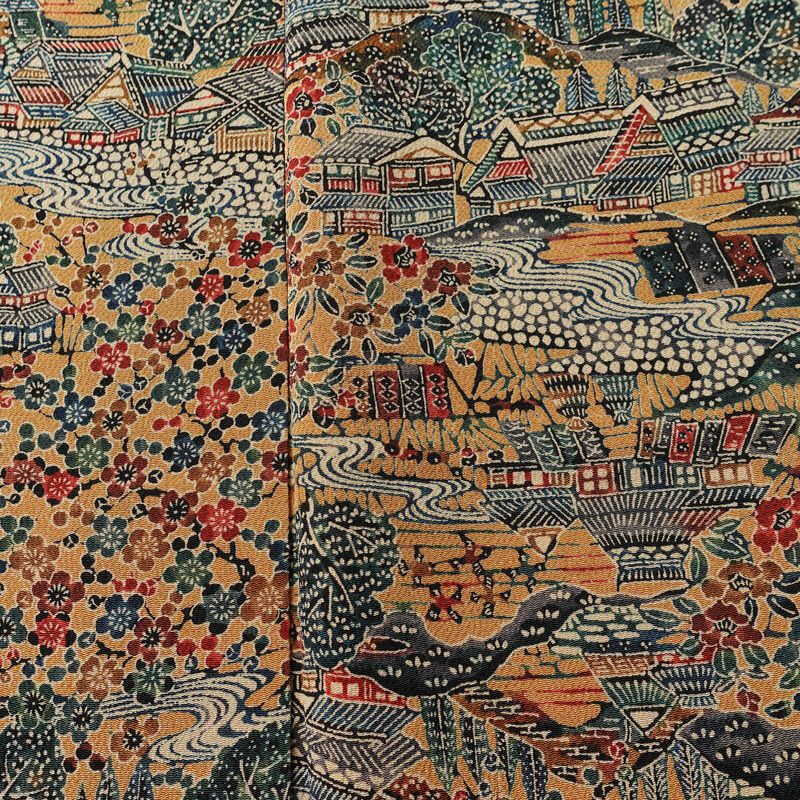 小紋 縮緬 総柄 正絹 風景柄 袷仕立て 身丈149cm 裄丈62.5cm リサイクル着物 着物 黄・黄土色_画像6