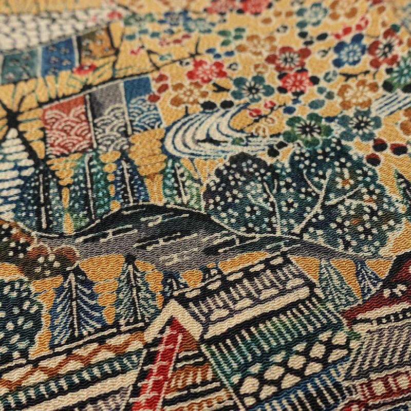 小紋 縮緬 総柄 正絹 風景柄 袷仕立て 身丈149cm 裄丈62.5cm リサイクル着物 着物 黄・黄土色_画像8