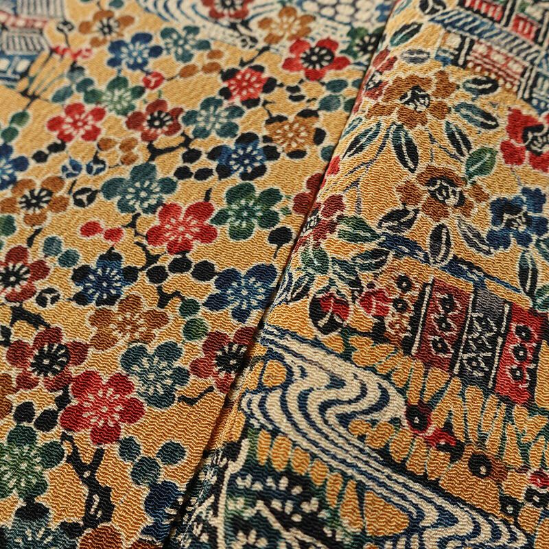 小紋 縮緬 総柄 正絹 風景柄 袷仕立て 身丈149cm 裄丈62.5cm リサイクル着物 着物 黄・黄土色_画像10