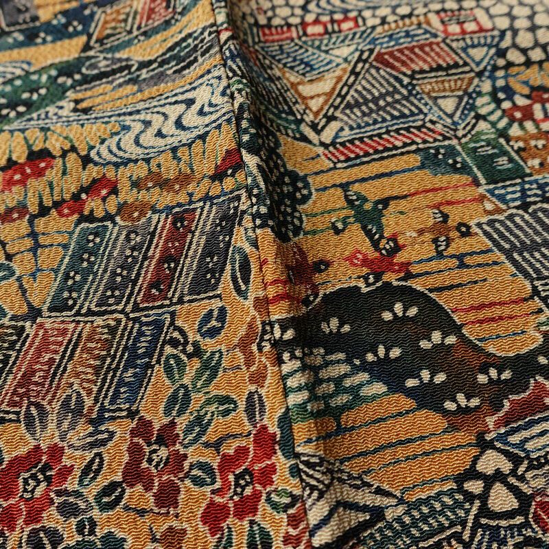 小紋 縮緬 総柄 正絹 風景柄 袷仕立て 身丈149cm 裄丈62.5cm リサイクル着物 着物 黄・黄土色_画像11