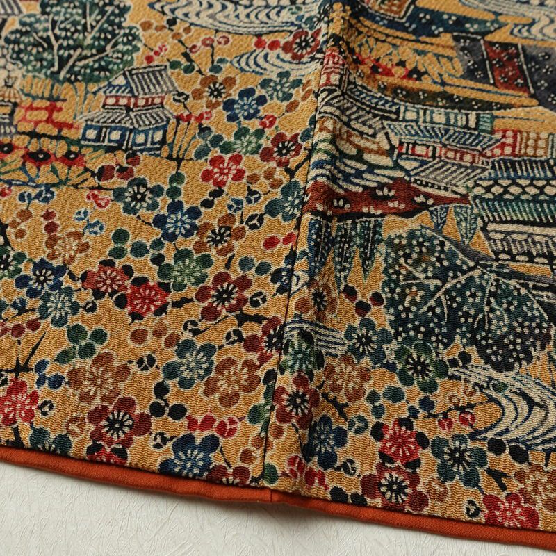 小紋 縮緬 総柄 正絹 風景柄 袷仕立て 身丈149cm 裄丈62.5cm リサイクル着物 着物 黄・黄土色_画像12