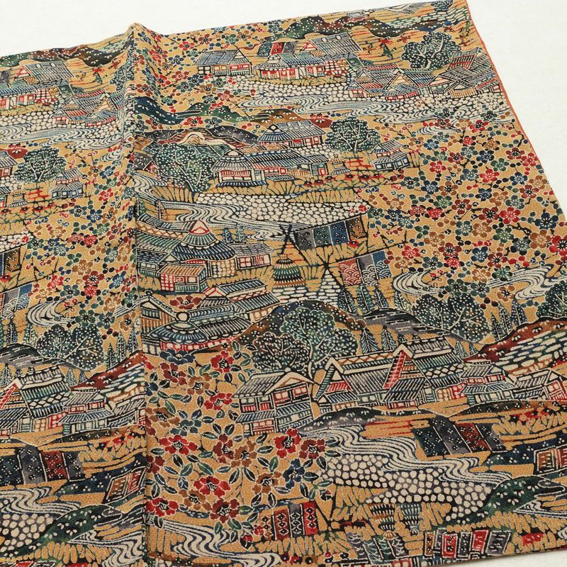 小紋 縮緬 総柄 正絹 風景柄 袷仕立て 身丈149cm 裄丈62.5cm リサイクル着物 着物 黄・黄土色_画像13