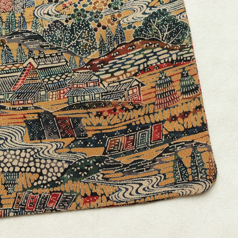 小紋 縮緬 総柄 正絹 風景柄 袷仕立て 身丈149cm 裄丈62.5cm リサイクル着物 着物 黄・黄土色_画像15