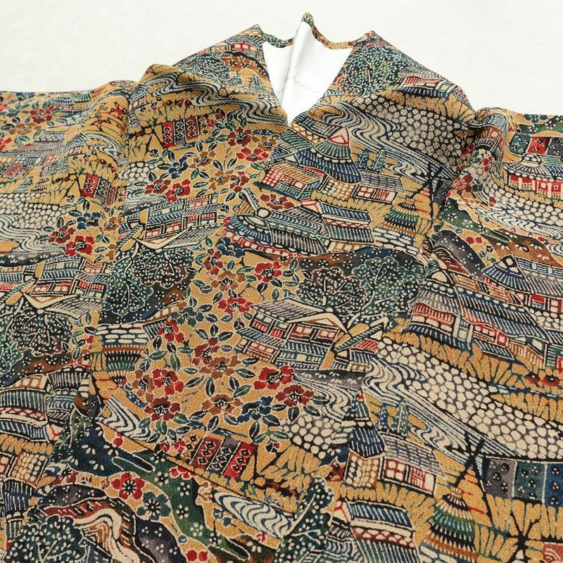 小紋 縮緬 総柄 正絹 風景柄 袷仕立て 身丈149cm 裄丈62.5cm リサイクル着物 着物 黄・黄土色_画像16