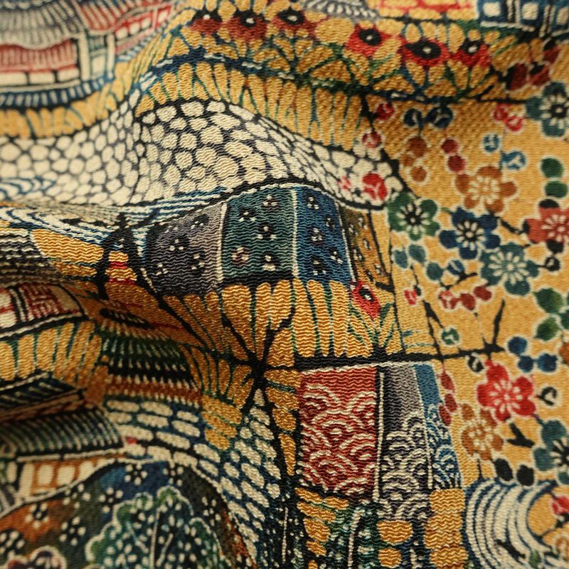 小紋 縮緬 総柄 正絹 風景柄 袷仕立て 身丈149cm 裄丈62.5cm リサイクル着物 着物 黄・黄土色_画像21