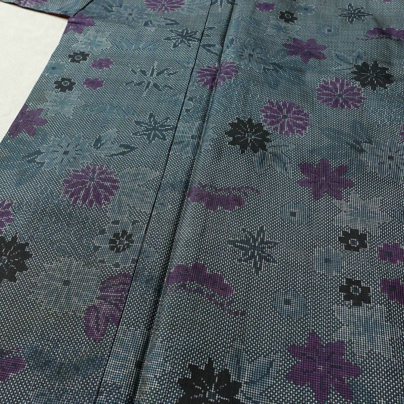 紬 しつけ糸付き 正絹 花柄 袷仕立て 身丈154cm 裄丈65.5cm リサイクル着物 着物 青・紺_画像5