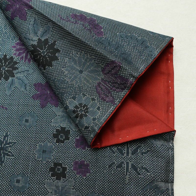 紬 しつけ糸付き 正絹 花柄 袷仕立て 身丈154cm 裄丈65.5cm リサイクル着物 着物 青・紺_画像12