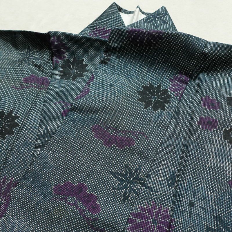 紬 しつけ糸付き 正絹 花柄 袷仕立て 身丈154cm 裄丈65.5cm リサイクル着物 着物 青・紺_画像14